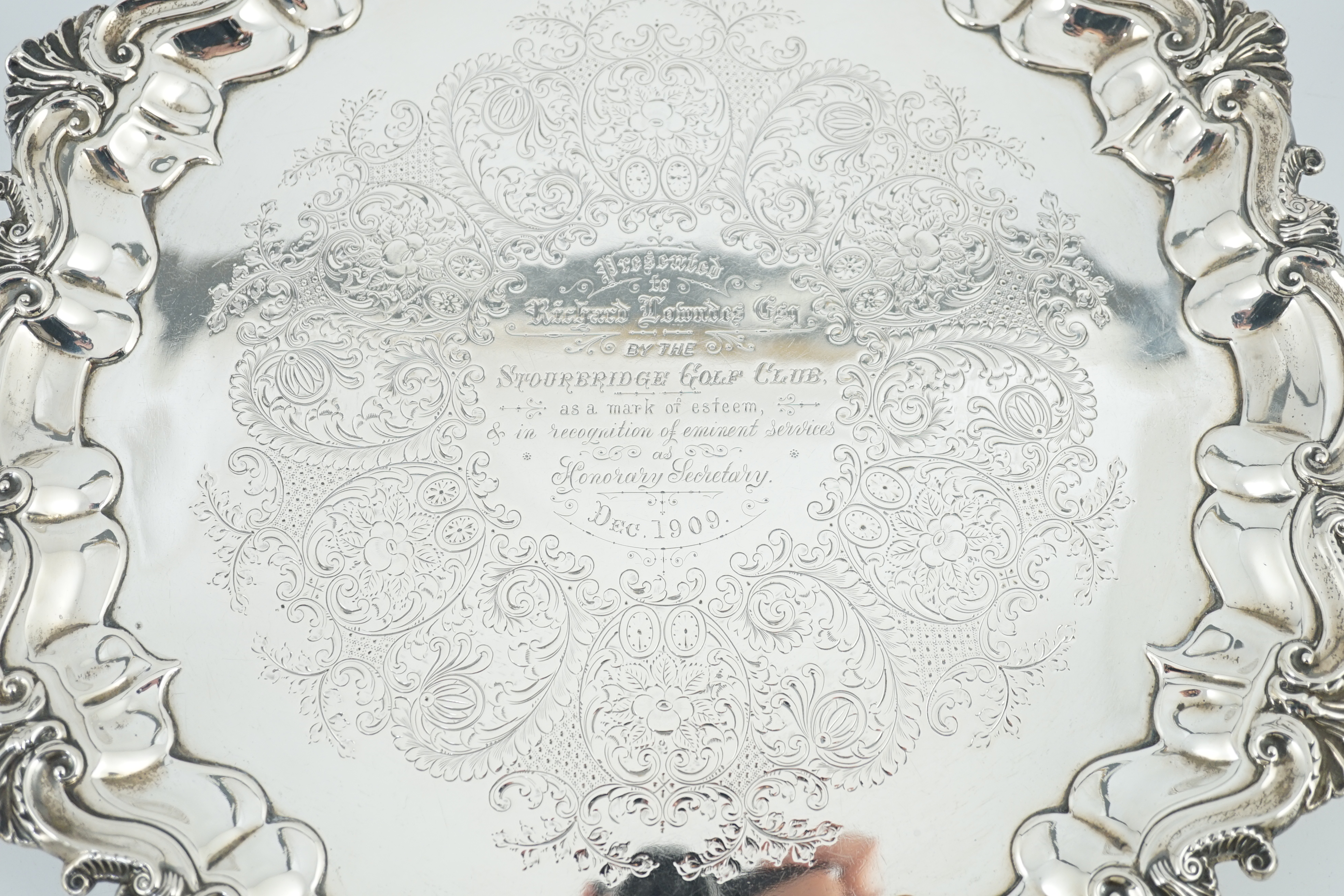 An Edwardian silver salver, by Barker Brothers, with engraved inscription relating to the Stourbridge Golf Club